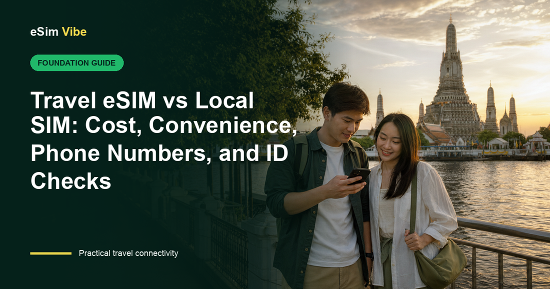 Traveller comparing travel eSIM vs local SIM beside a phone and international travel documents