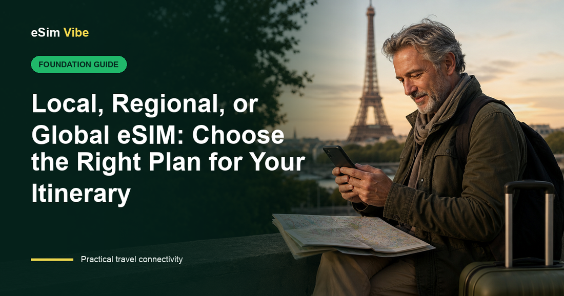 Route map comparing local vs regional vs global eSIM choices for a multi-country itinerary