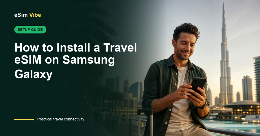 Settings screens used to install travel eSIM on Samsung Galaxy