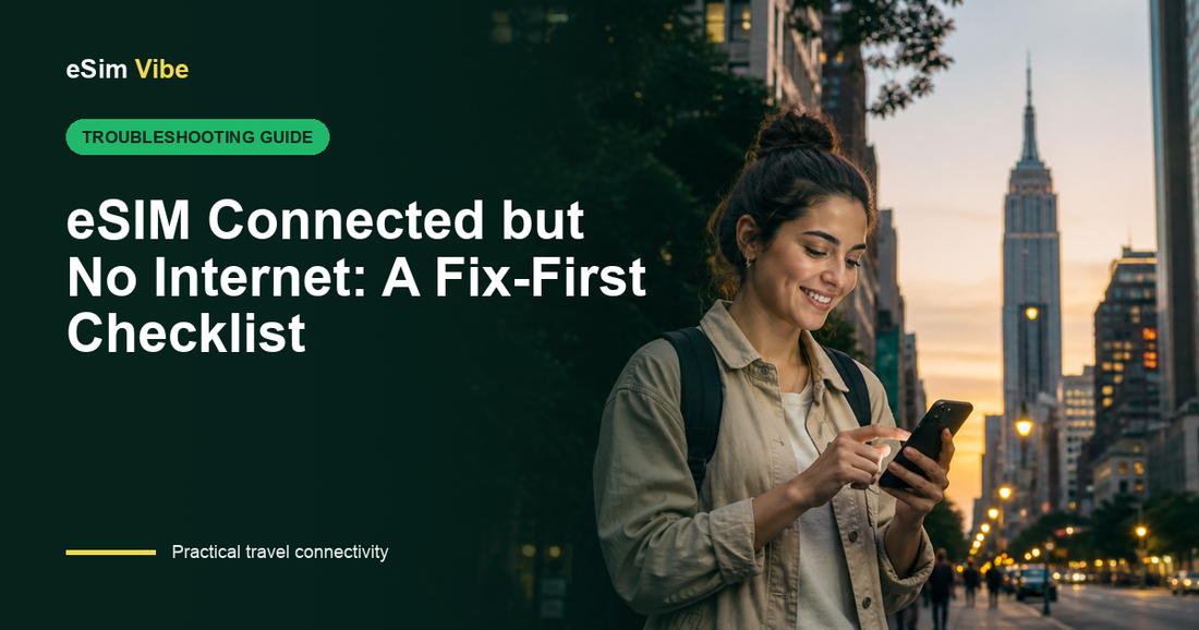 Traveller checking an eSIM connected no internet problem on a phone
