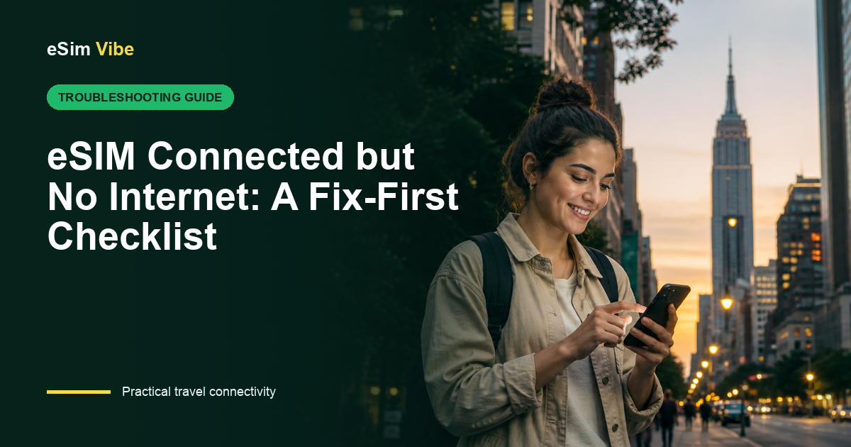 Traveller checking an eSIM connected no internet problem on a phone