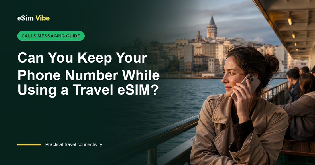Dual SIM phone configured to keep phone number with travel eSIM data