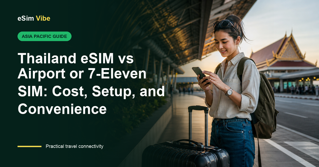 Thailand eSIM vs SIM card comparison at an airport and retail counter