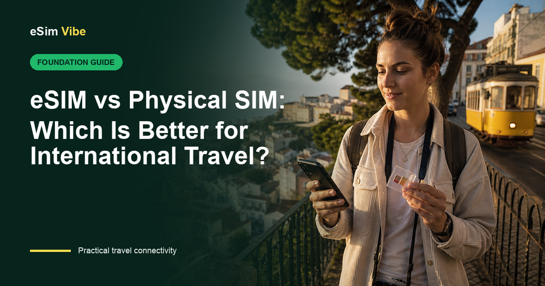 eSIM vs physical SIM travel choice beside an unlocked smartphone