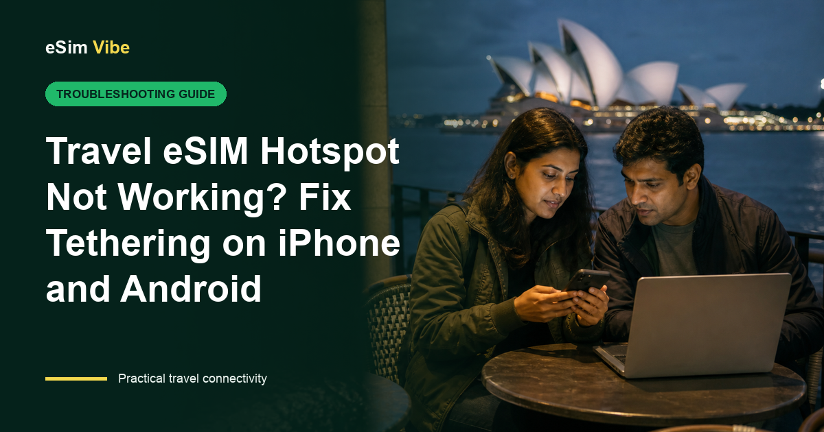 Laptop beside a phone with an eSIM hotspot not working message