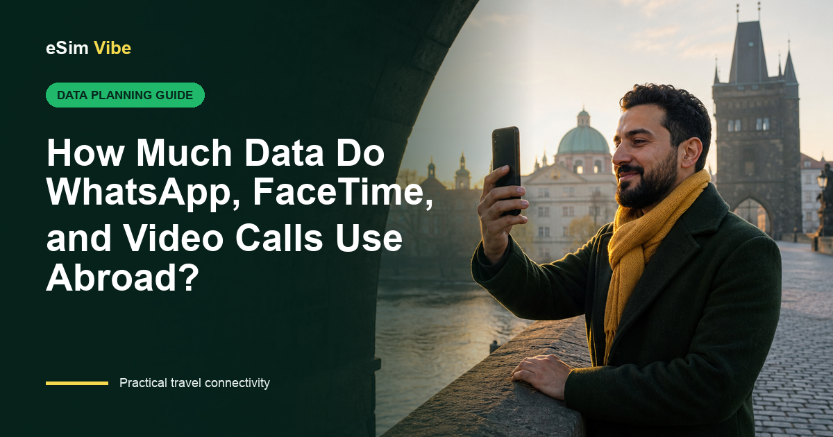WhatsApp call data usage calculation beside FaceTime and video-call icons