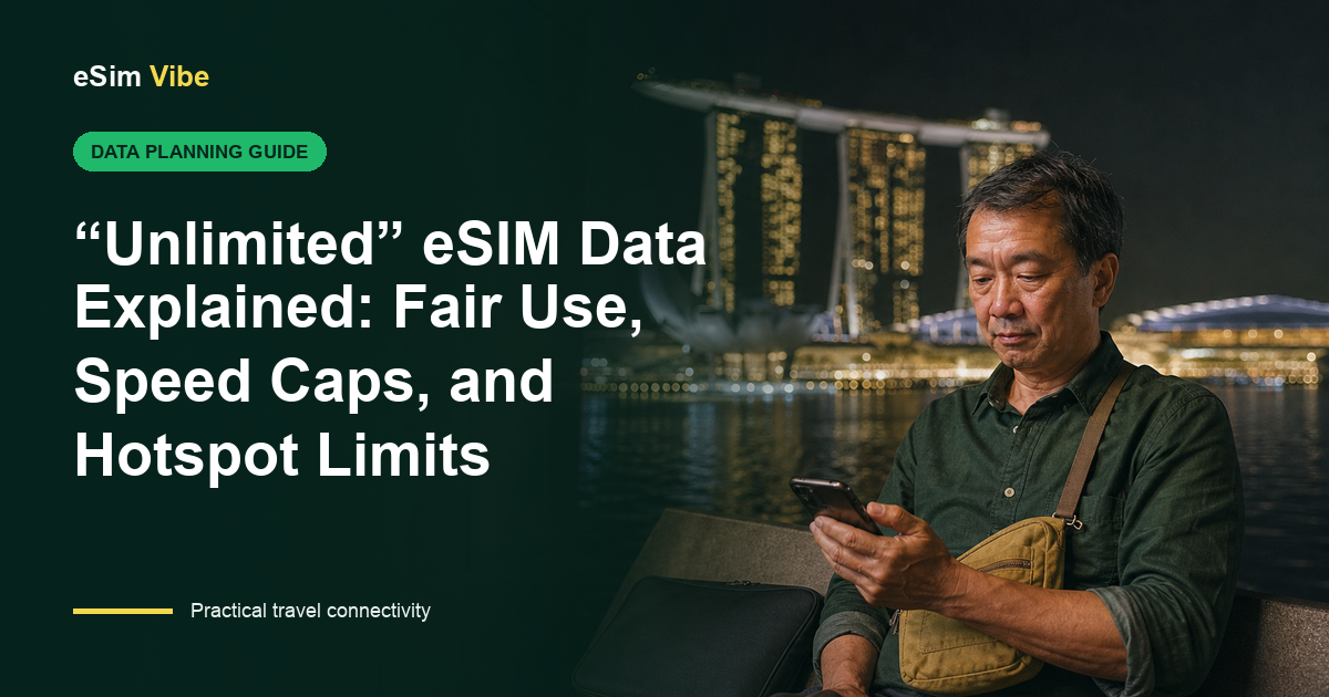 Guide to an unlimited eSIM fair use policy showing a high-speed threshold and hotspot limit