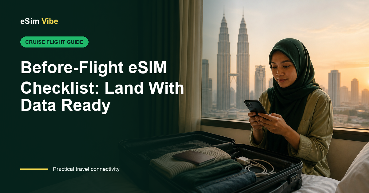 Checklist to set up eSIM before flight with installation, line labels, and landing steps