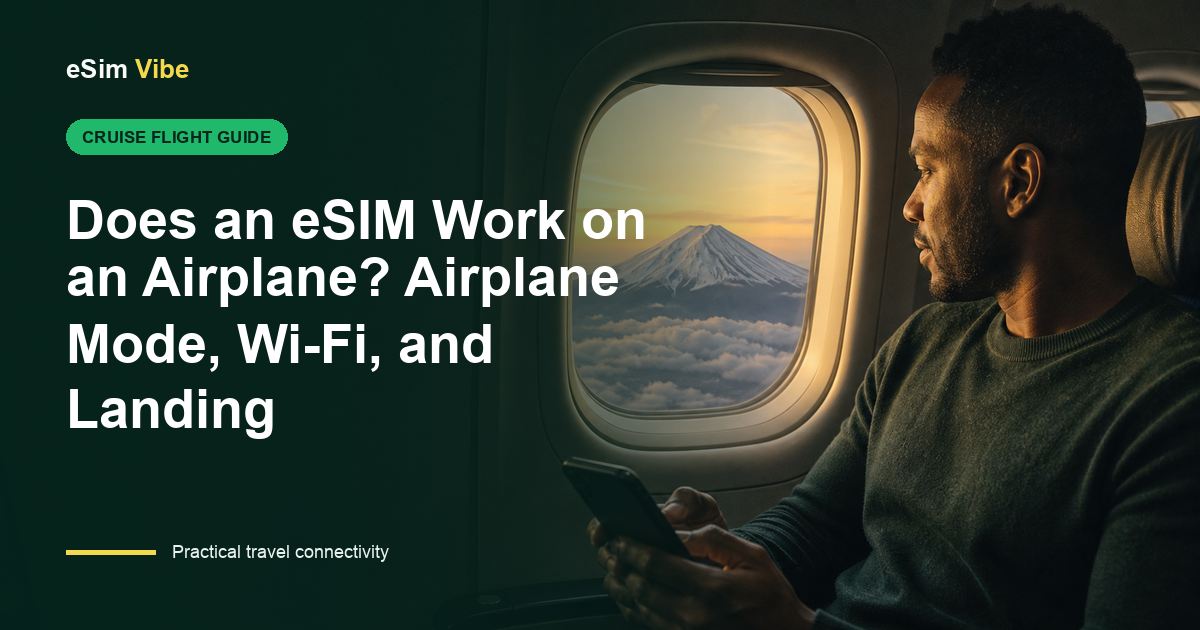 Traveller asking does eSIM work on airplane while Airplane Mode and onboard Wi-Fi are shown