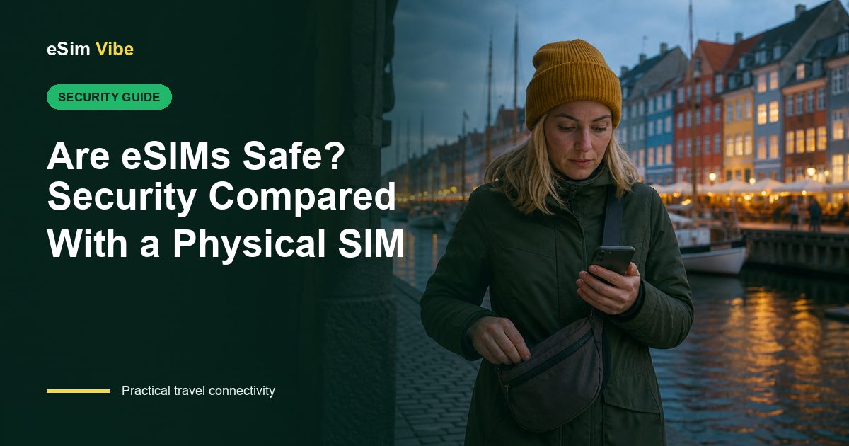 Traveller comparing a physical SIM with a phone while asking are eSIMs safe