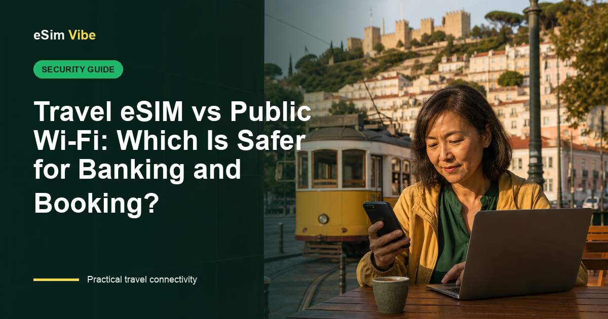 Traveller comparing eSIM vs public Wi-Fi security before making a bank transaction