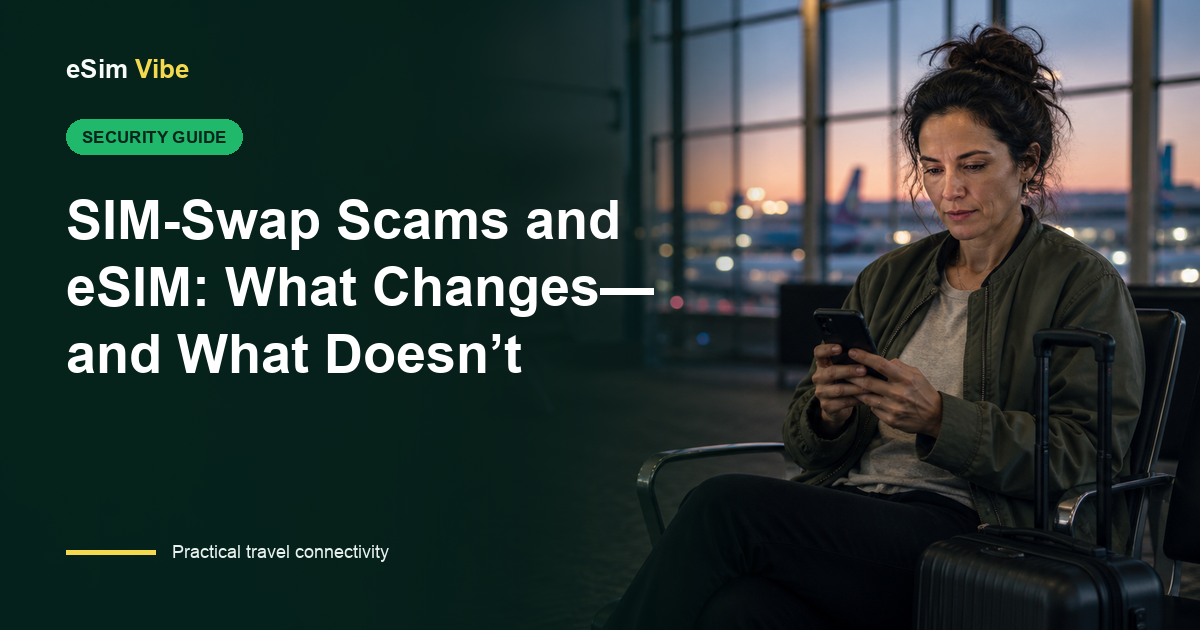 Traveller reviewing eSIM SIM-swap security controls on a mobile carrier account