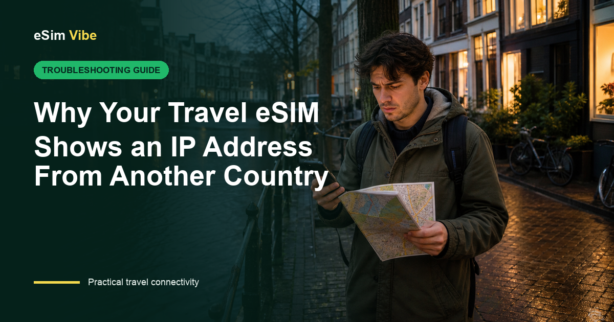 Map and phone explaining an eSIM IP address wrong country result during travel