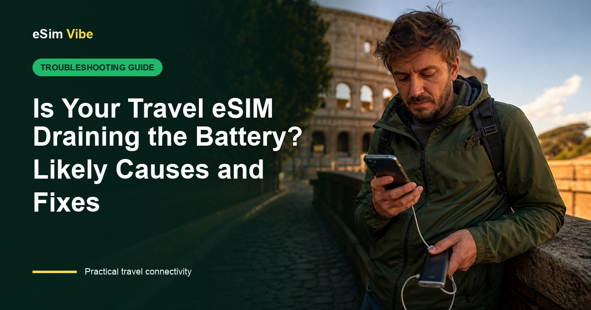 Phone battery screen used to diagnose eSIM battery drain abroad during a trip