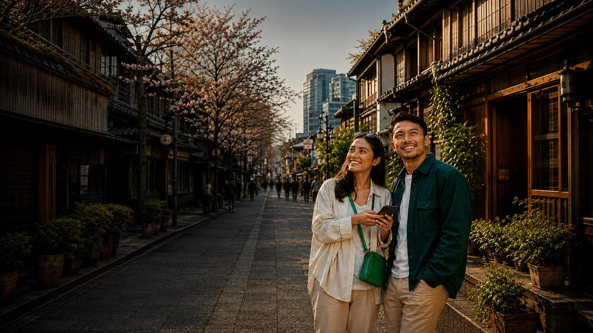 Travellers exploring a traditional Japanese street with their phone